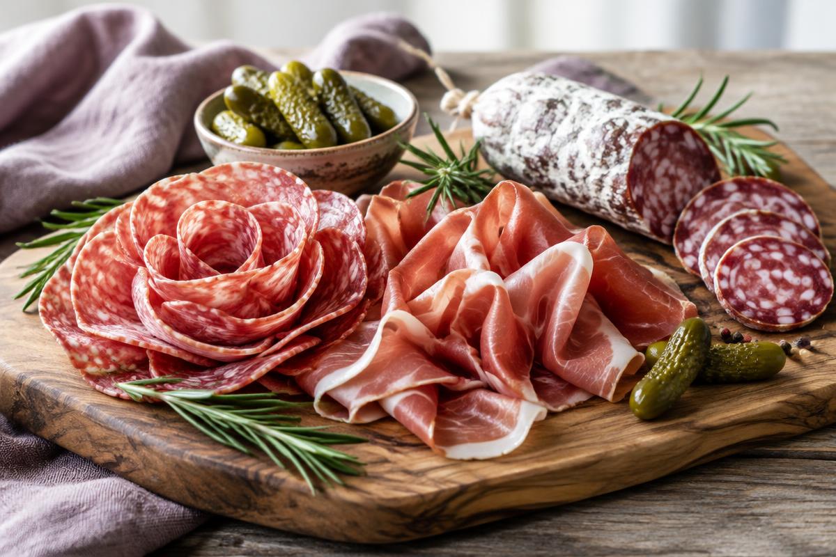 Franse droge worst, salami en ham op een plank