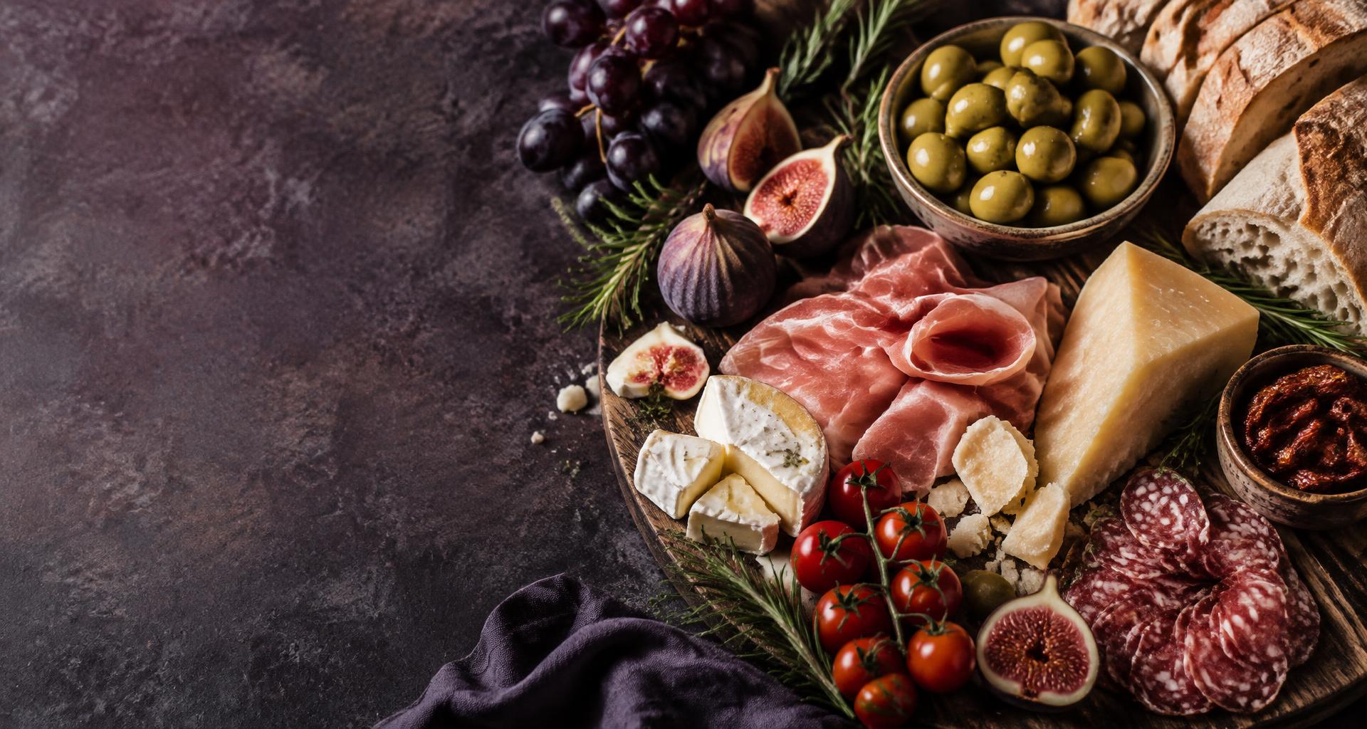 Een rijkgevulde borrelplank met kaas, charcuterie, olijven en vers brood